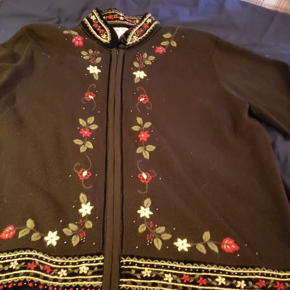 Zip front sweater with embroidery details